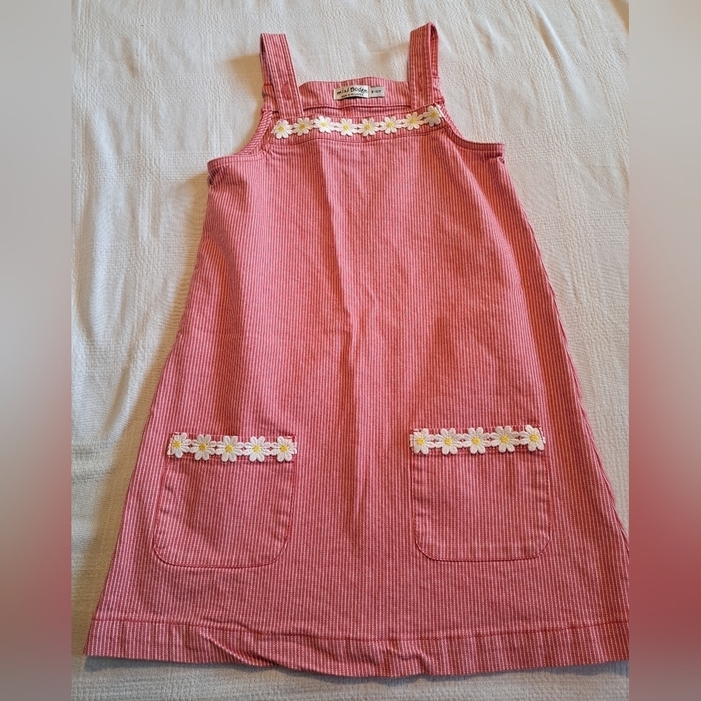 Mini Boden girls 9-10 years red & white striped jean jumper with Daisy trim VGUC
